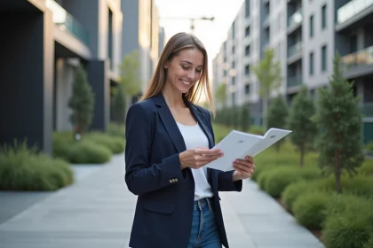 Femme souriante en ville examinant des brochures immobilières
