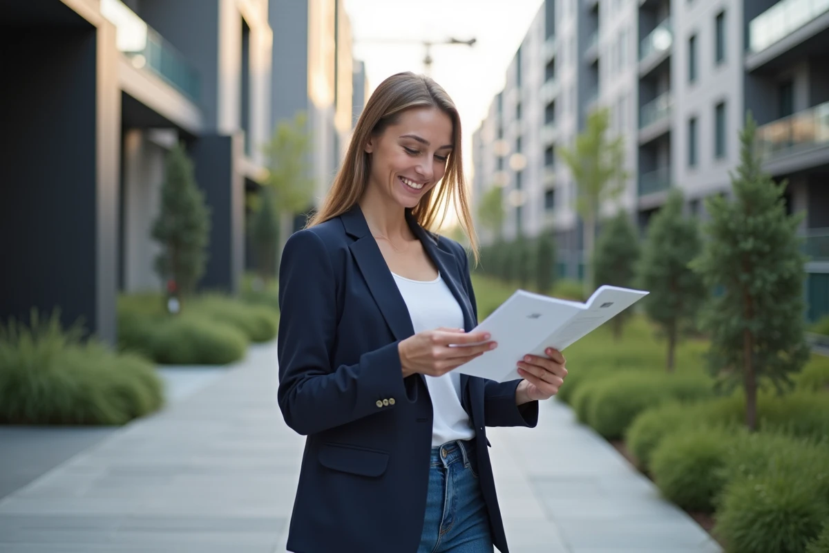 Femme souriante en ville examinant des brochures immobilières