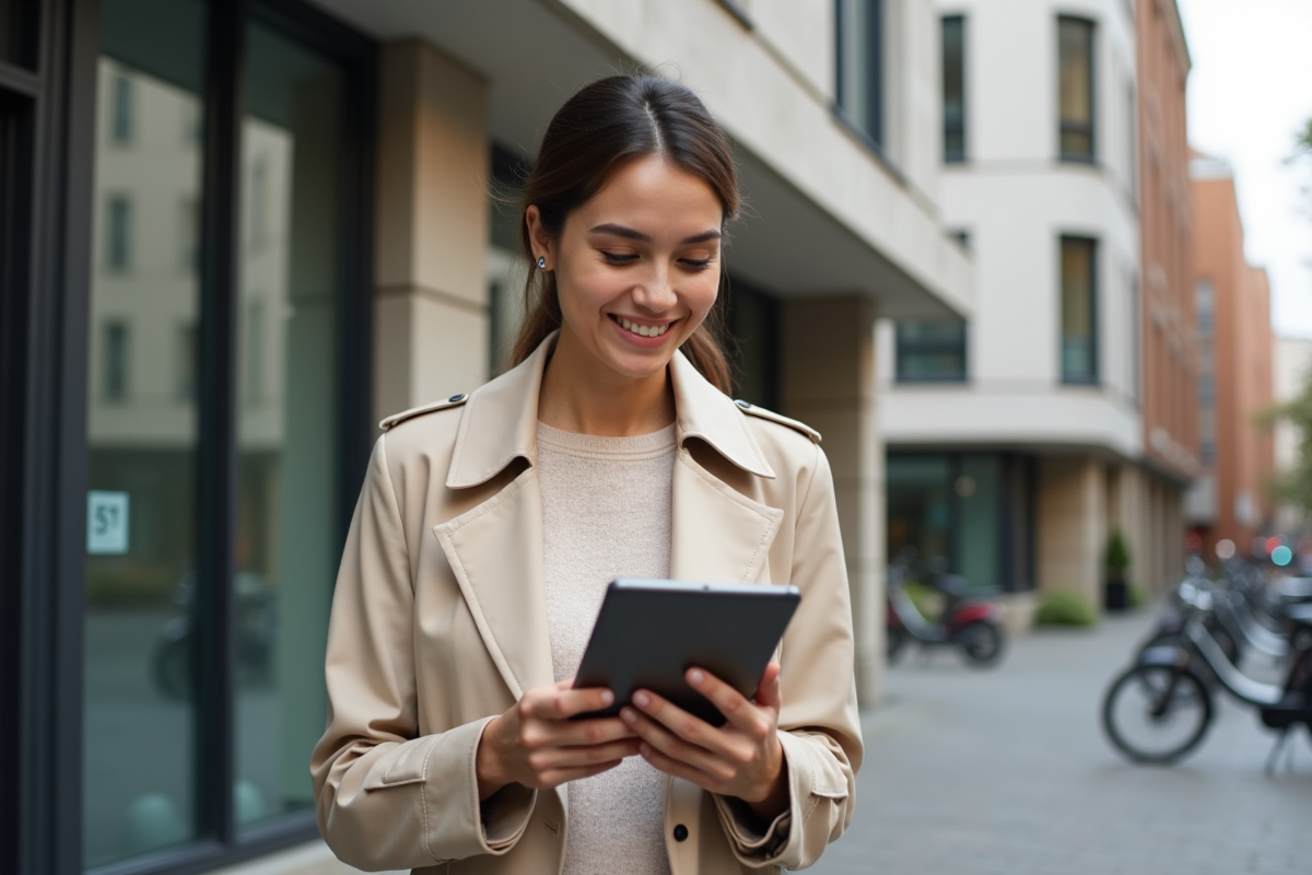 Femme urbaine souriante avec tablette devant immeuble moderne