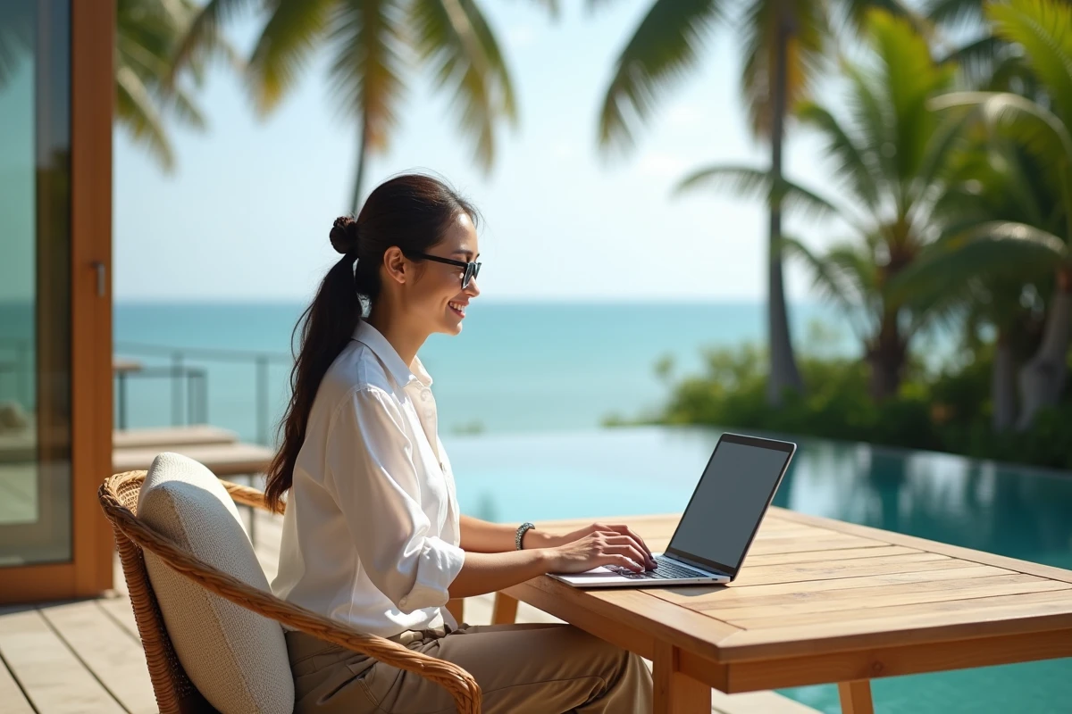 Femme souriante sur terrasse de villa thaïlandaise avec piscine