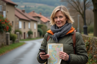 Femme avec carte et smartphone devant un village français