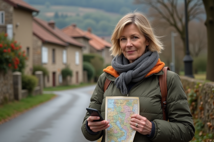 Femme avec carte et smartphone devant un village français
