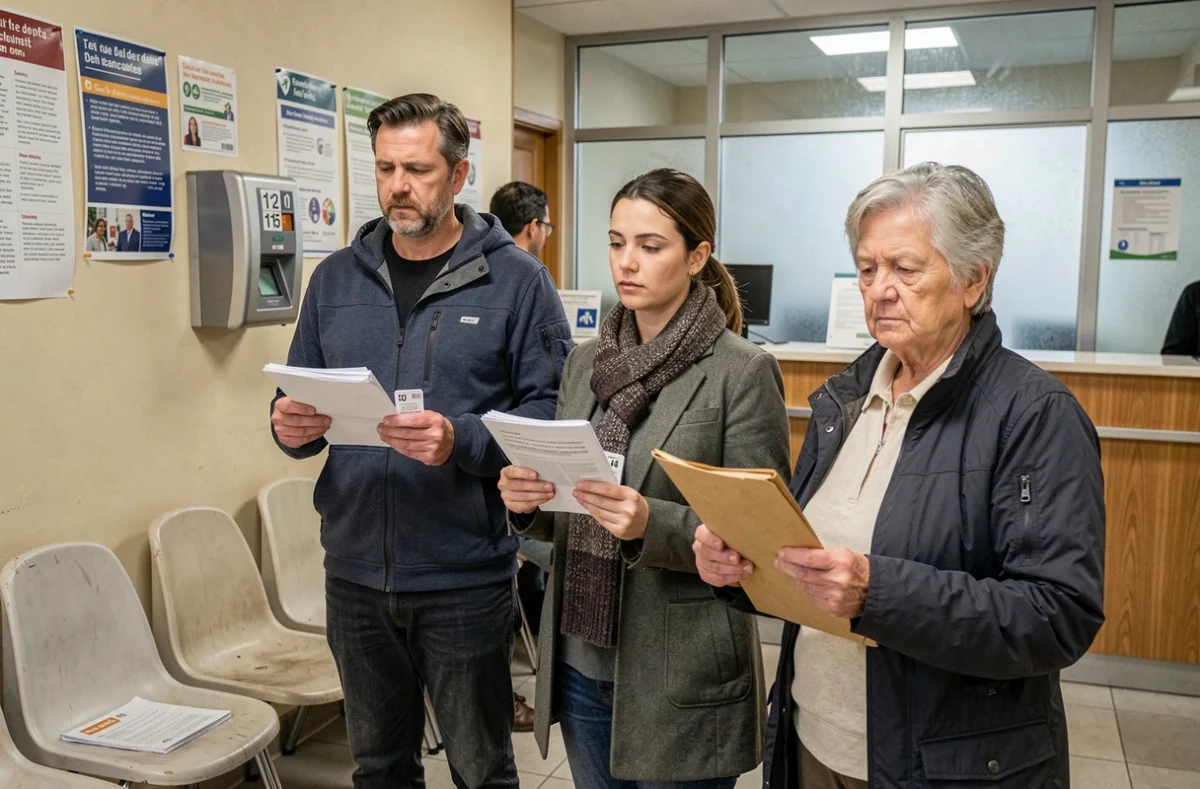 File d'attente dans une agence de logement social parisienne avec des candidats tenant des dossiers de demande
