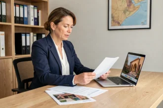 Femme française étudiant un dossier de financement pour l'achat d'un appartement à Marrakech depuis son bureau à domicile