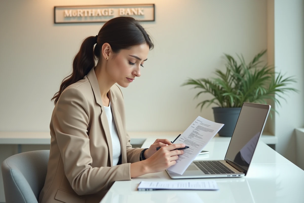 Femme consultant un dossier de financement bancaire immobilier dans une agence bancaire, impact des honoraires sur le prêt
