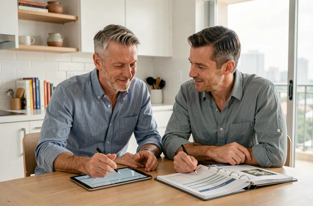 Couple étudiant leur stratégie de revenus locatifs et de rente immobilière à domicile sur une tablette