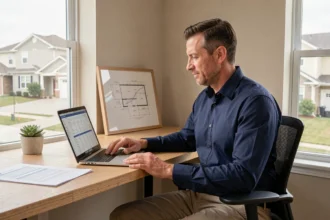 Homme investisseur immobilier analysant des documents financiers et des loyers dans un bureau à domicile moderne