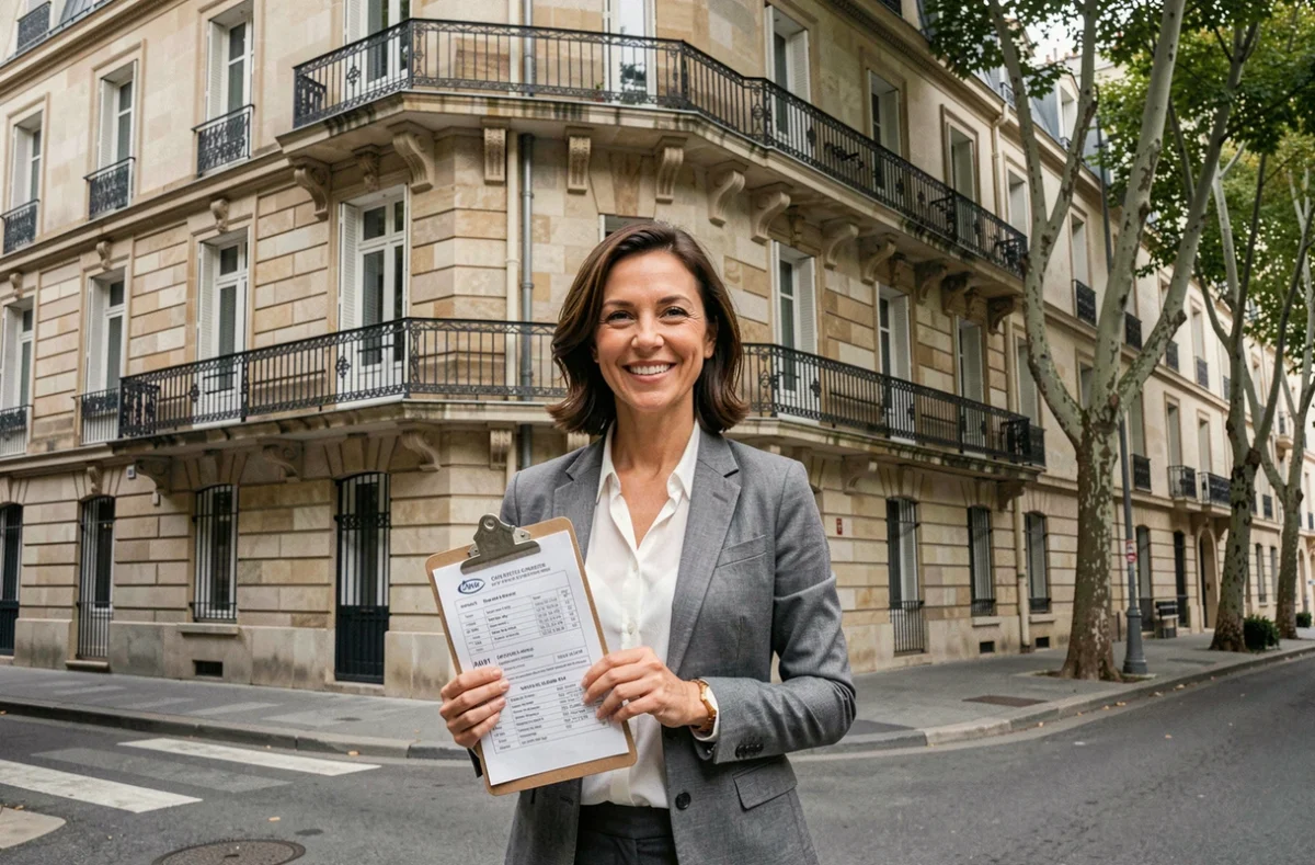 Femme propriétaire rentière devant un immeuble locatif rénové dans un quartier urbain européen