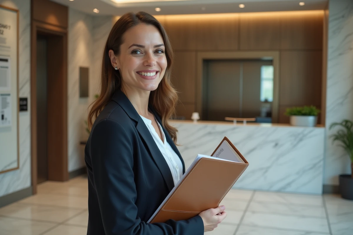 Femme gestionnaire immobilière souriante dans un hall moderne