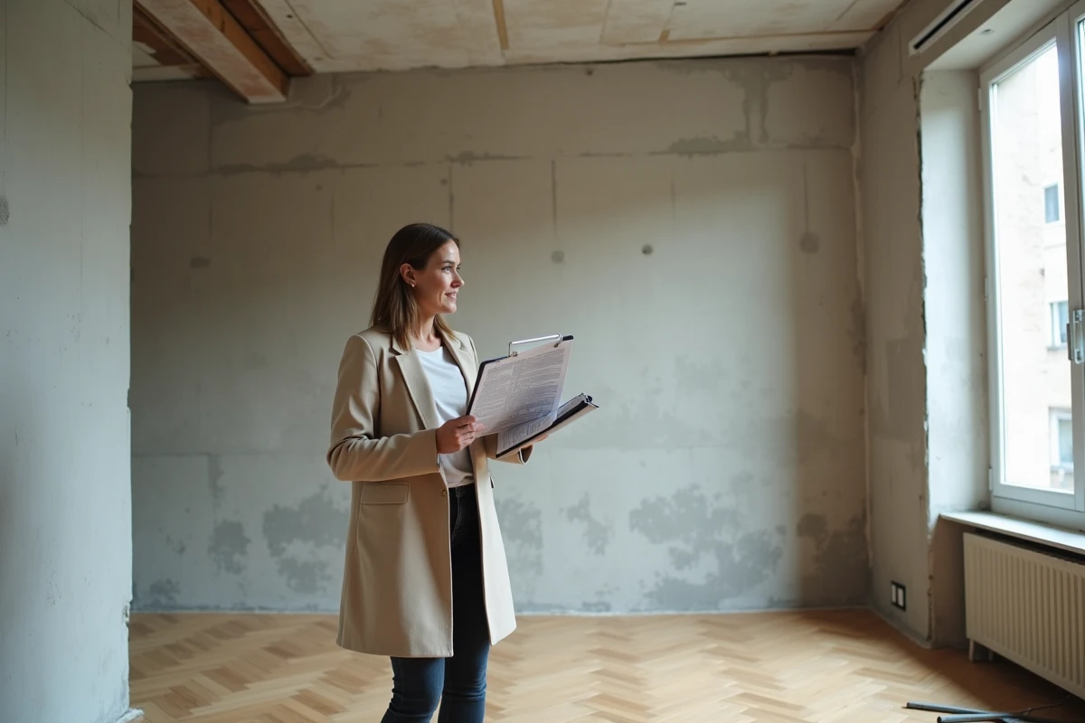 Gestionnaire immobilière évaluant les travaux de rénovation dans un appartement d'un immeuble locatif pour améliorer le rendement IDR