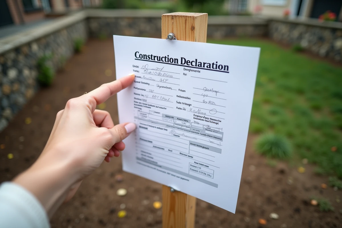 Gros plan d'un panneau de déclaration préalable de travaux planté dans un jardin avec vérification des informations