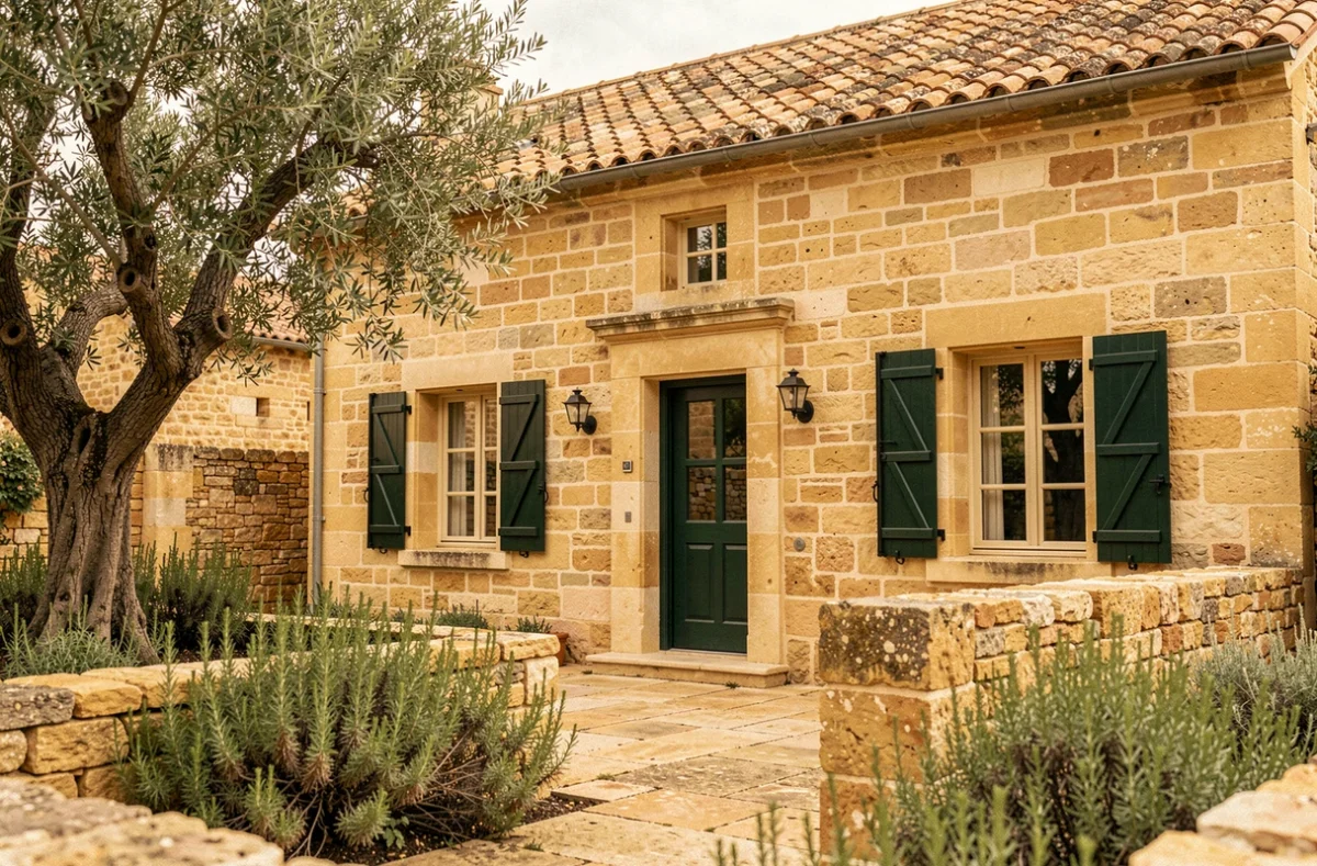Groupe Avenir Tradition maison provençale classique en pierre dorée avec volets verts, cour ombragée et murets en pierres sèches dans le Vaucluse