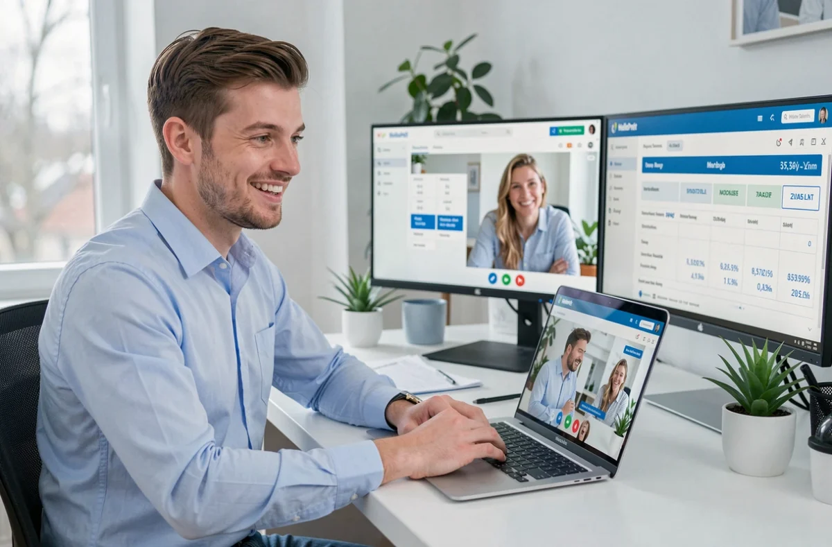 Un conseiller HelloPrêt en Bretagne effectue une consultation numérique de prêt immobilier en vidéo avec un couple primo-accédant depuis un bureau moderne