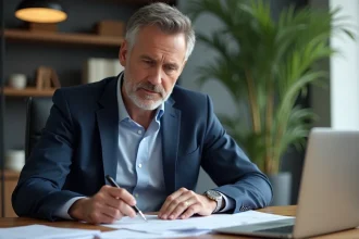 Homme d'affaires en costume bleu examinant des documents immobiliers