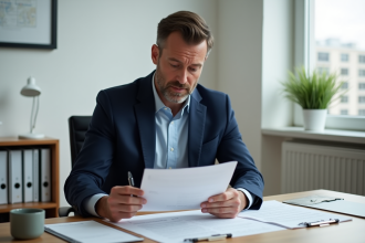 Homme d'affaires en costume bleu examinant des documents immobiliers