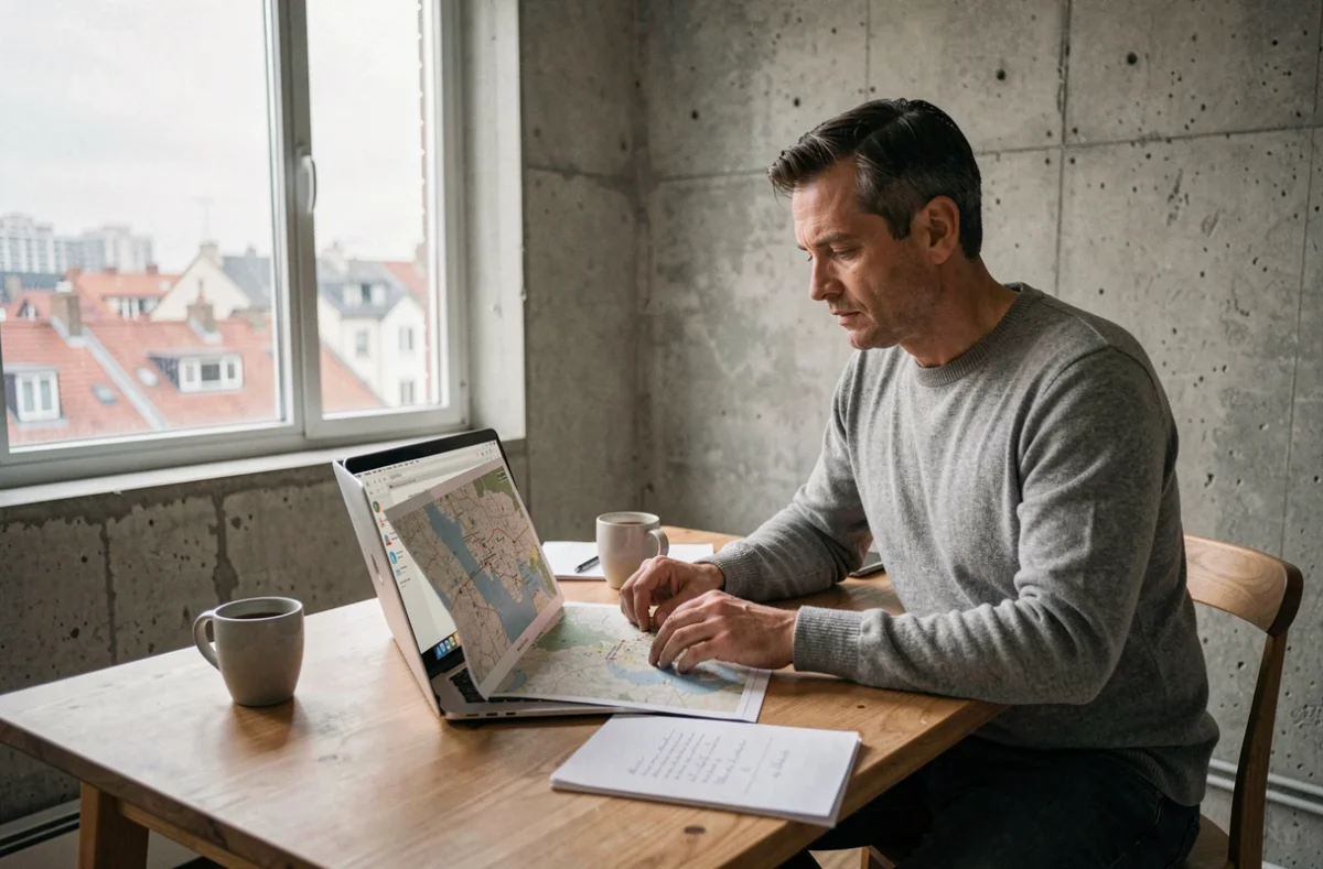 Homme analysant des cartes de trajets domicile-travail sur ordinateur portable dans un appartement urbain moderne