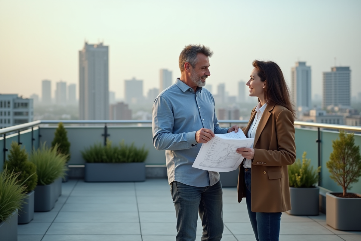 Homme d'affaires discutant avec une jeune femme sur un toit urbain