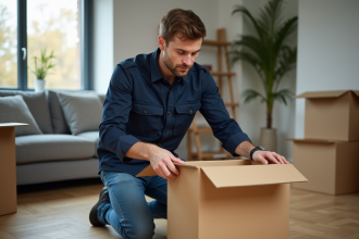 Homme en train d'assembler une box de déménagement dans un appartement