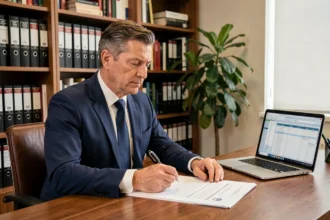 Homme en costume consultant un document de contribution sécurité immobilière dans un bureau professionnel