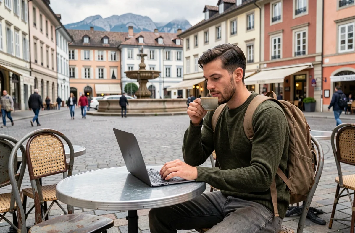 Homme consultant des annonces immobilières en terrasse de café sur la Place Grenette à Grenoble