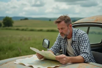 Homme d'âge moyen étudiant une carte topographique en campagne