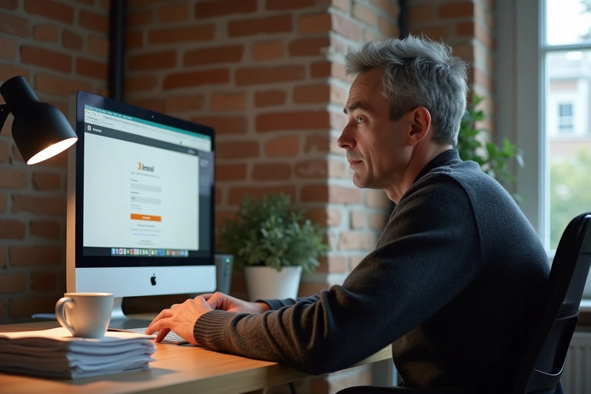 Homme consultant le portail webmail Convergence depuis un bureau à domicile à Toulouse