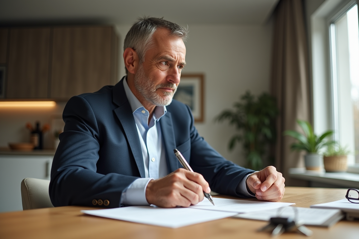 Homme d'âge moyen vérifiant un contrat de location dans un appartement moderne