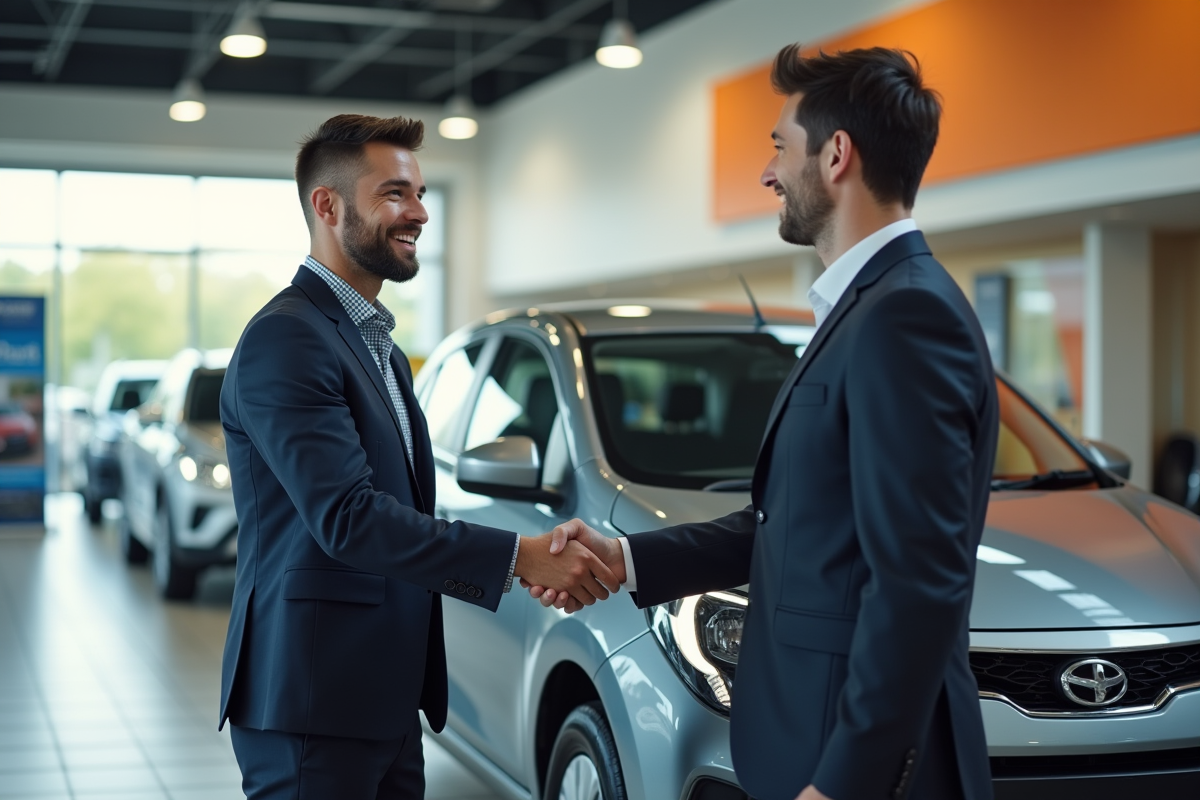Homme en handshake avec un vendeur de voitures en concession