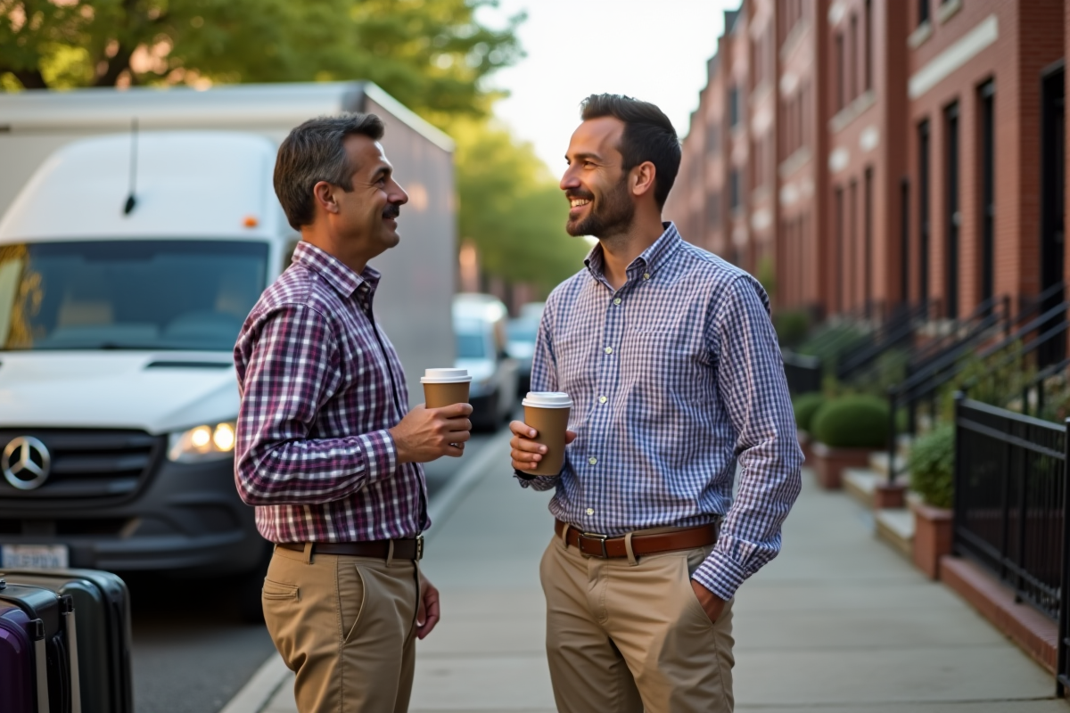 Homme discutant avec un chauffeur de camion de déménagement dans la rue