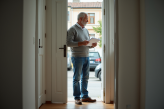 Homme d'âge moyen tenant des documents devant un appartement
