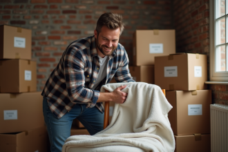 Homme emballant une chaise en bois dans un stockage