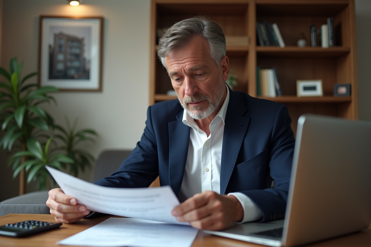 Homme d'âge moyen en costume bleu examine des documents financiers