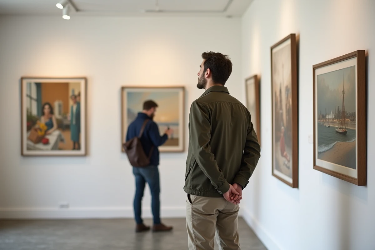 Homme visitant une galerie d'art contemporain dans une ville calme en périphérie de Paris