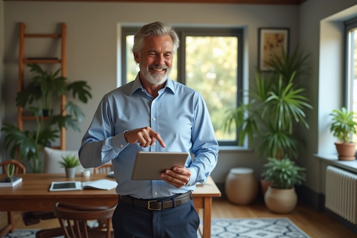 Homme d age moyen utilisant une tablette dans son bureau à domicile