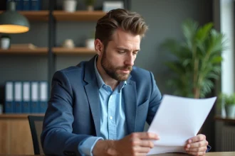 Homme en bleu lisant un rapport dans un bureau moderne