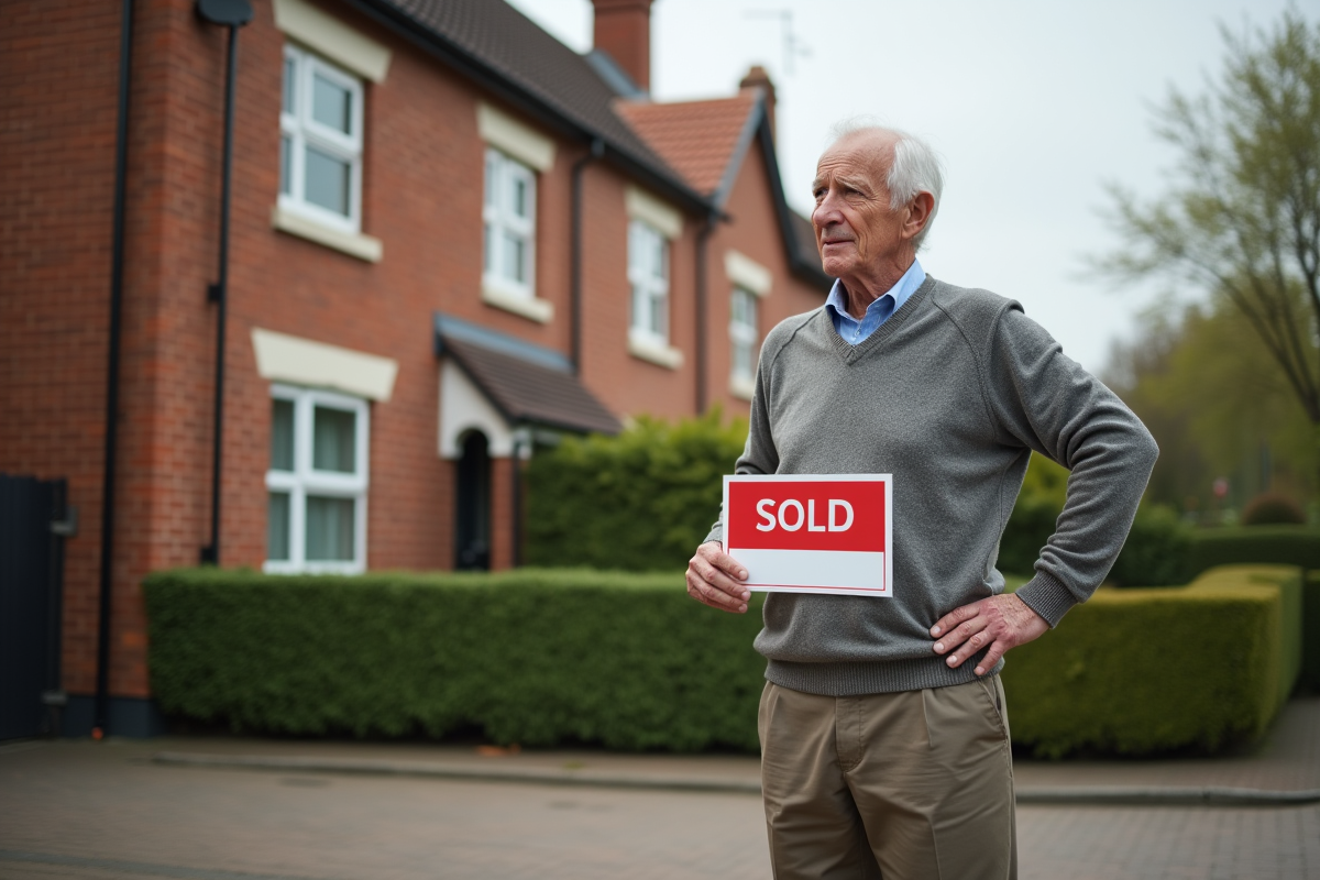 Homme âgé devant sa maison avec panneau vendu contemplatif