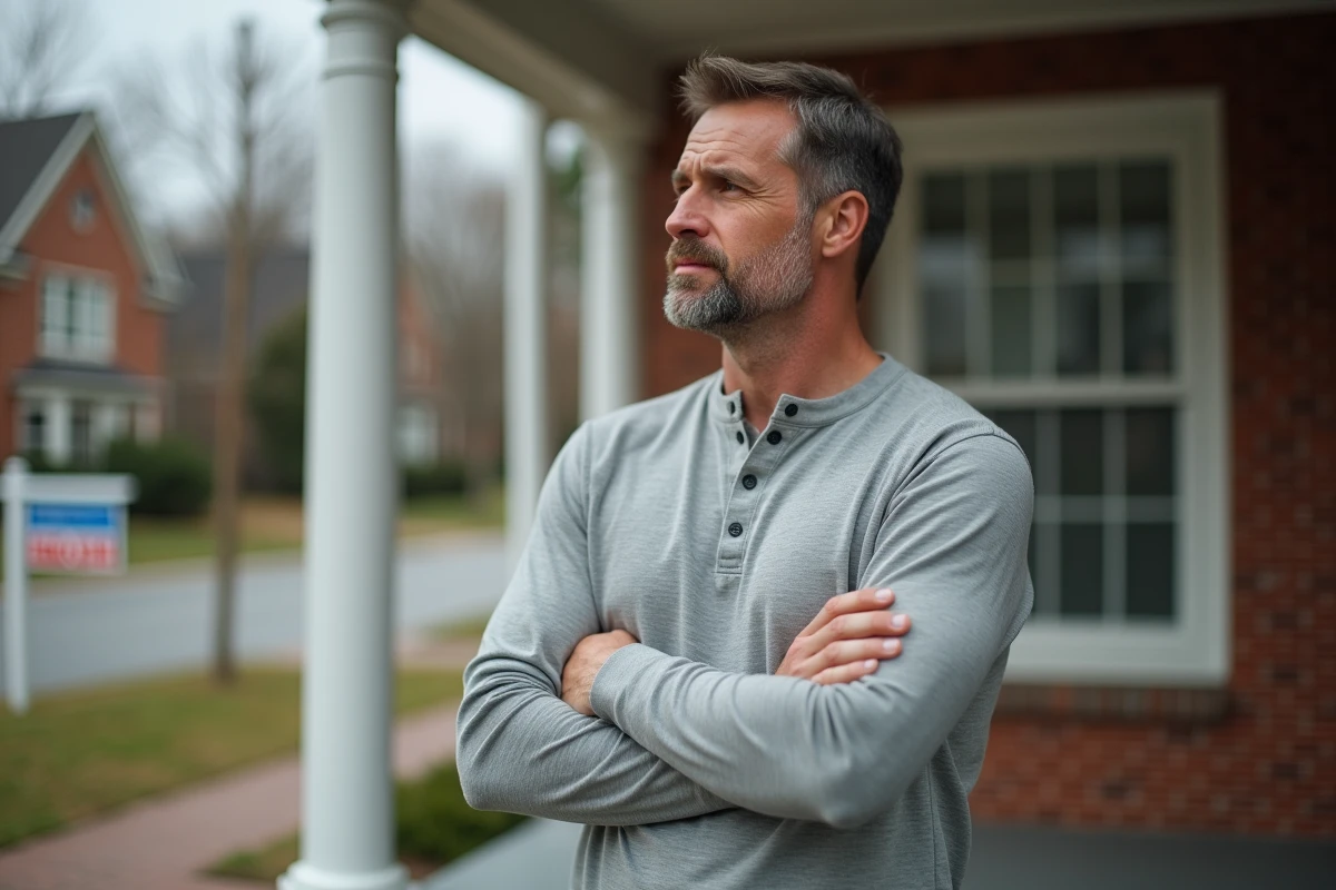 Homme debout devant une maison à vendre après un refus d'offre d'achat immobilier