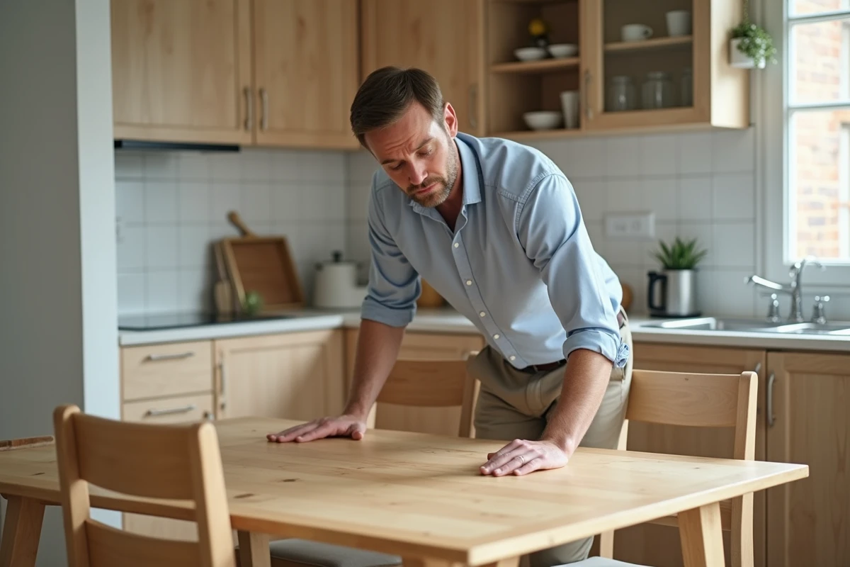 Homme assemblant une table en bois dans une cuisine moderne