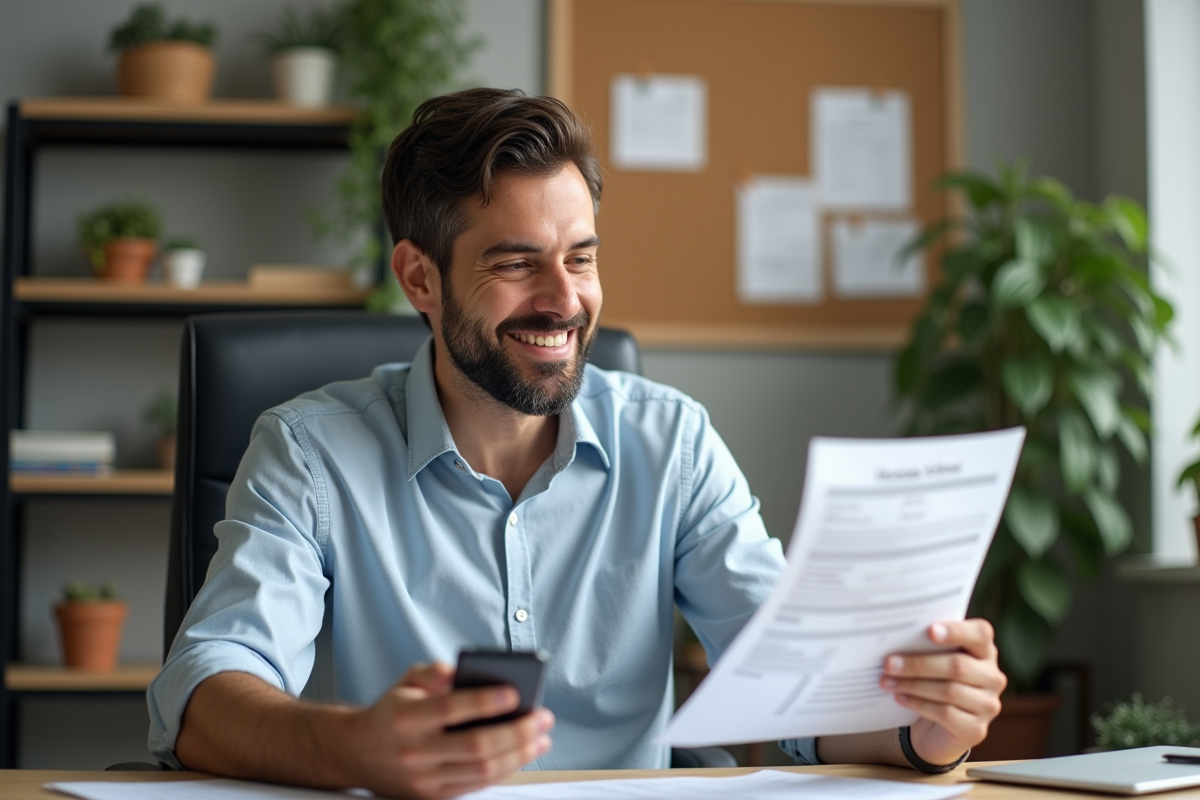 Homme souriant consulte une offre hypothécaire sur son ordinateur