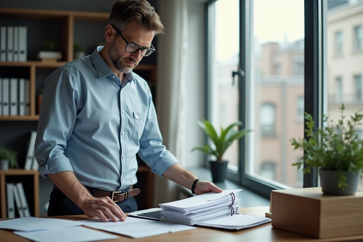 Homme organisant des documents de location au bureau