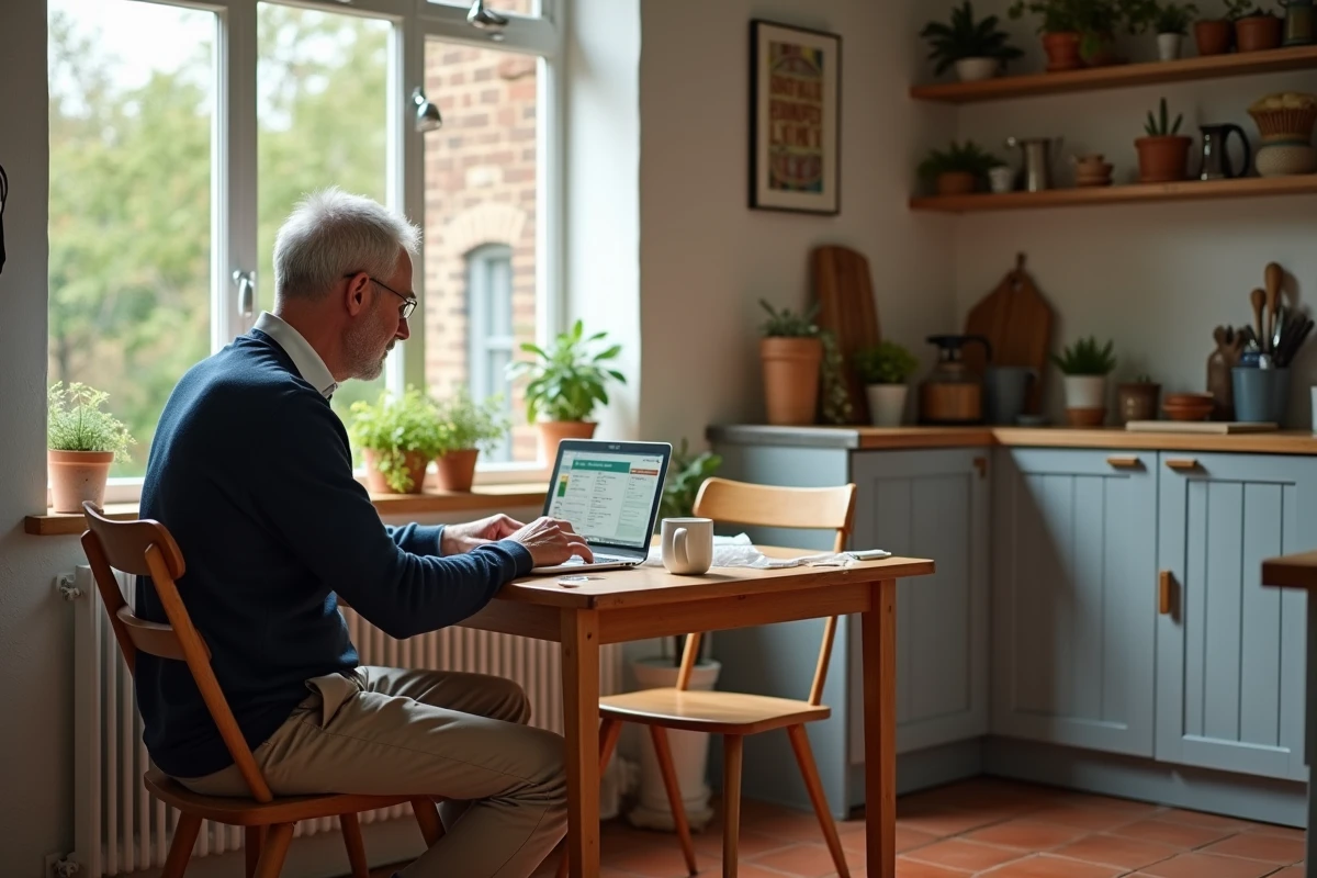 Homme recherchant logement dans une cuisine chaleureuse