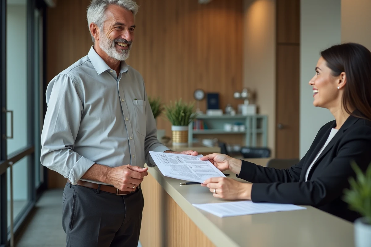 Homme remet un dossier de location à une agent immobilière dans un bureau