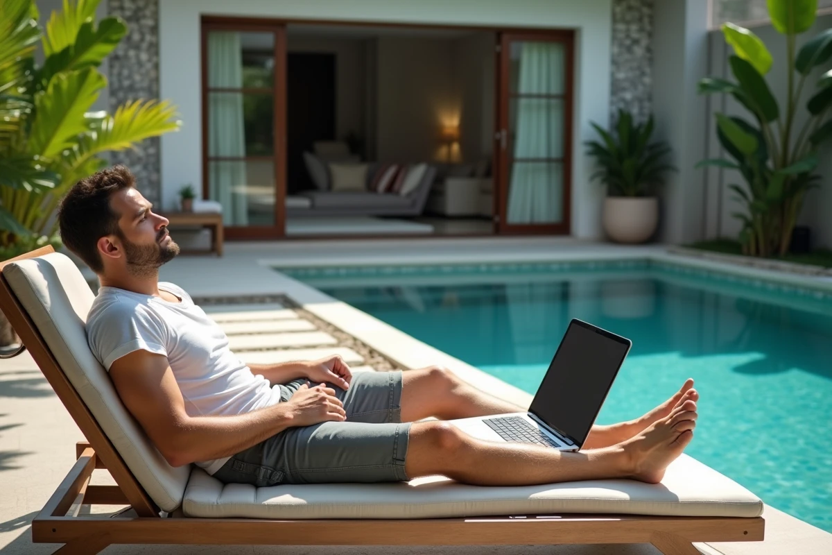 Homme détendu avec ordinateur près de la piscine dans jardin tropical