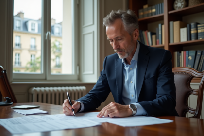Homme d'âge moyen en blazer bleu dans un bureau élégant à Paris