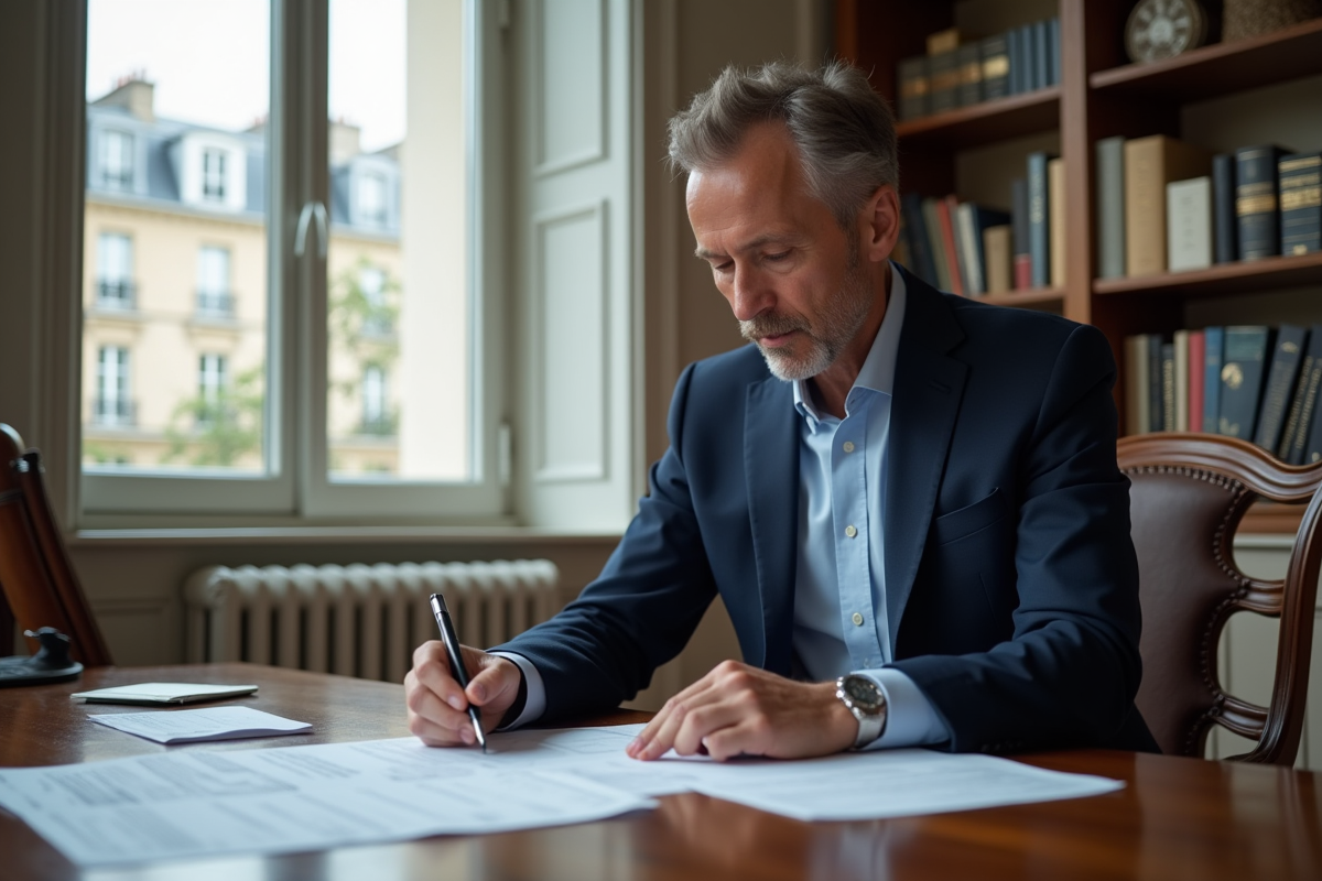 Homme d'âge moyen en blazer bleu dans un bureau élégant à Paris