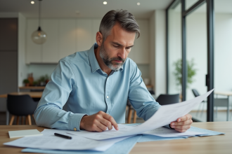 Homme d'âge moyen examinant des documents dans une cuisine moderne