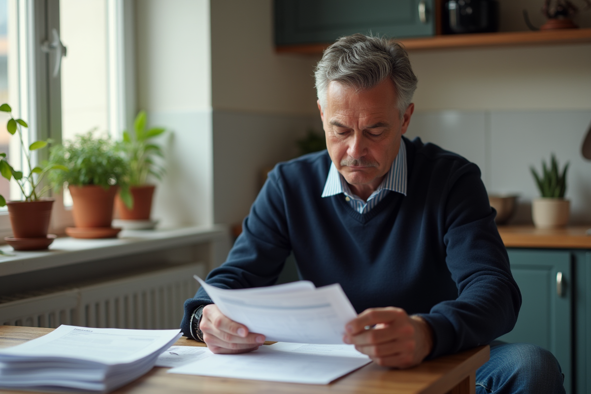 Homme d'âge moyen examine ses documents fiscaux à la maison