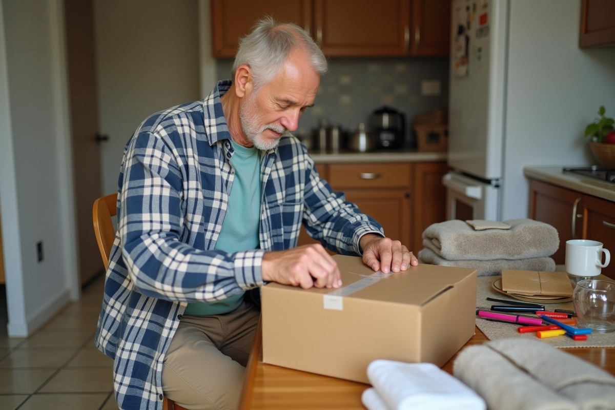 Homme âgé scellant une boîte de déménagement dans la cuisine
