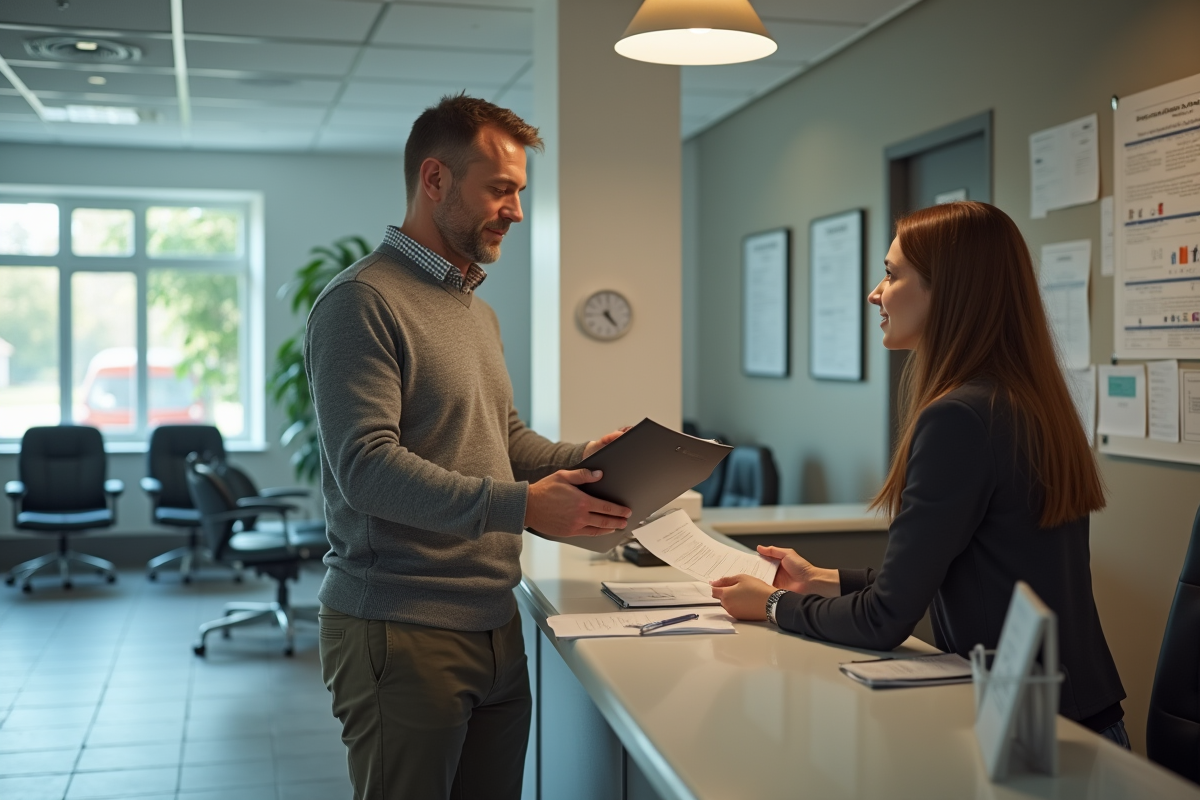 Homme remettant un dossier à une réceptionniste dans un bureau