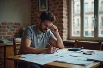 Homme seul face à des documents de crédit immobilier en indivision sur une table en bois, expression inquiète